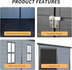 LANTRO JS 4x8FT Plastic Storage Shed with Floor, Outdoor Storage Shed with Floor Included, with 2 Windows and Lockable Door, Backyard Storage Sheds for Garden Tools, Bike, Gray and Black