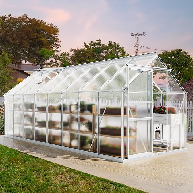 YITAHOME 6x16FT Polycarbonate Greenhouse Large Heavy Duty Green Houses Outdoor Aluminum Greenhouses with Sliding Doors Vent Window Walk-in Greenhouse for Garden Backyard, Silver