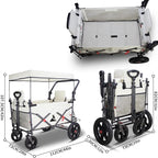 Collapsible Foldable Wagon Cart with Quick-Release Wheels & 2 Seats Camping Wagon- Heavy-Duty Utility Wagon 265LBS Capacity for Camping, Garden, Shopping (Beige)