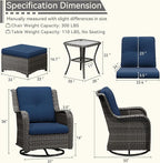 5 Piece Outdoor Patio Furniture Set Wicker Conversation Set Swivel Rocking Chairs with Side Table and Ottomans for Backyard, Porch, Deck, Blue