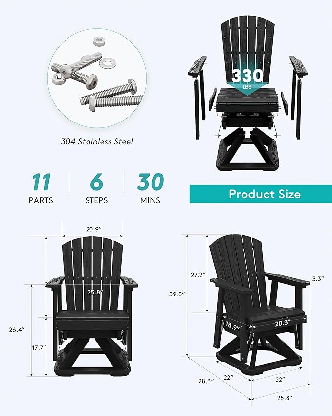SERWALL Adirondack Swivel Glider Chair, HDPE Swivel Glider Set of 2 for Outdoor, All-Weather Glider Chair for Porch, Balcony, Midnight Black