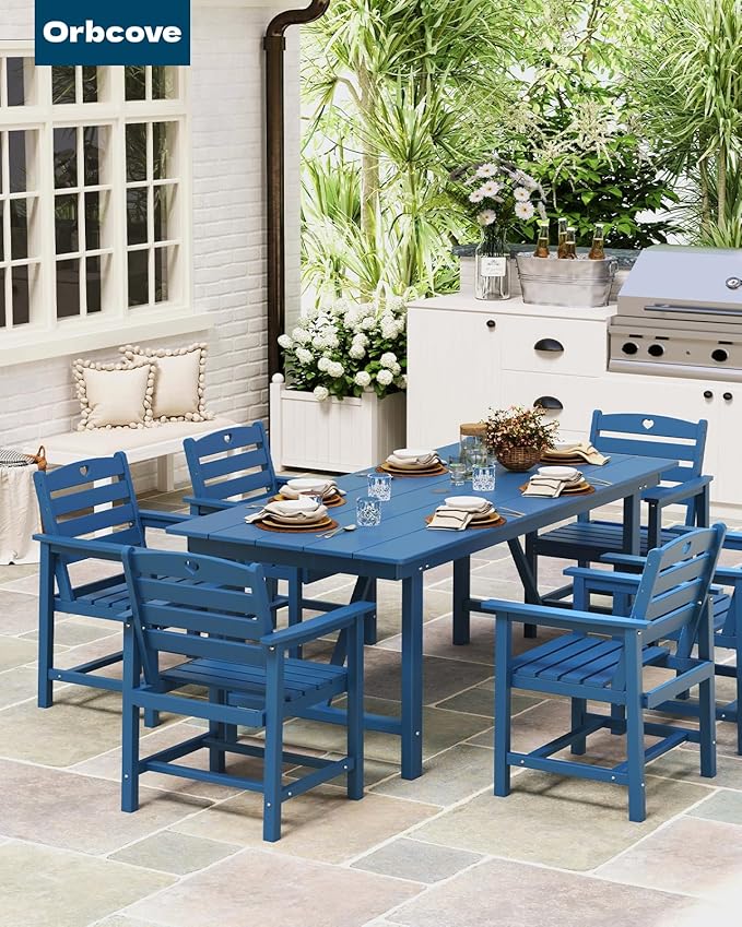 Patio Table and Chairs Set with Umbrella Hole, HDPE Patio Dining Set for 6, Outdoor Dining Set for Lawn, Patio, Porch, Deck, Poolside, Yard (Classic Blue, 7-Piece)