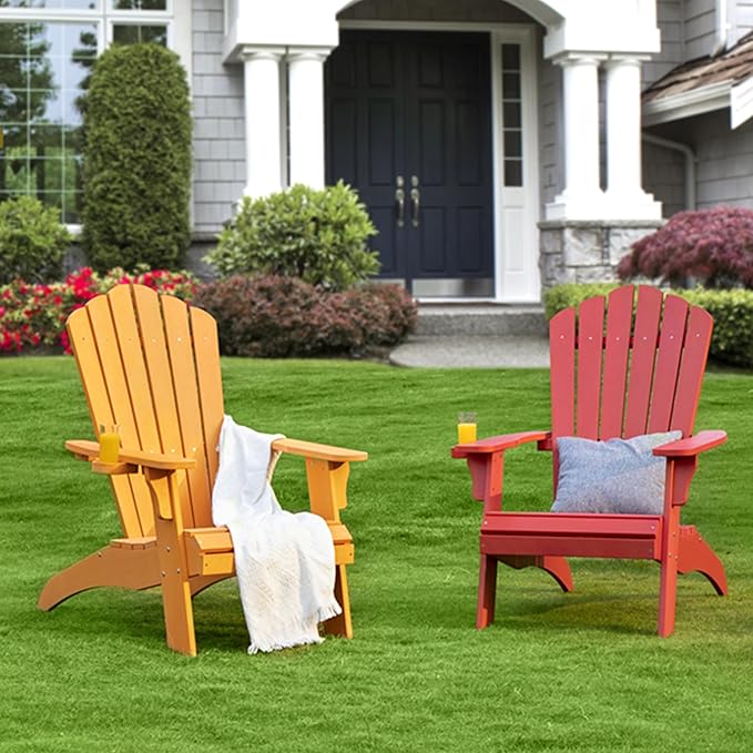 Psilvam Adirondack Chair, Oversized Poly Lumber Fire Pit Chair with Cup Holder, 350Lbs Support Patio Chairs for Garden, Weather Resistant Adirondack Chair Looks Like Real Wood (2, Red)