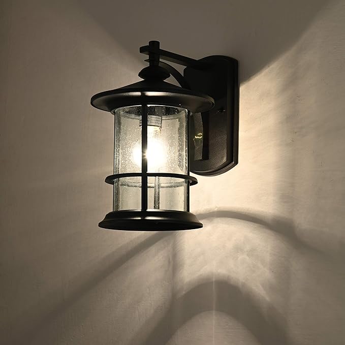 MICSIU Textured Black Outdoor Wall Sconce 2 Pack, Waterproof Exterior Wall Lighting Fixtures with Clear Seedy Glass, 10" Outside Lights for House Front, Porch, Patio, Backyard