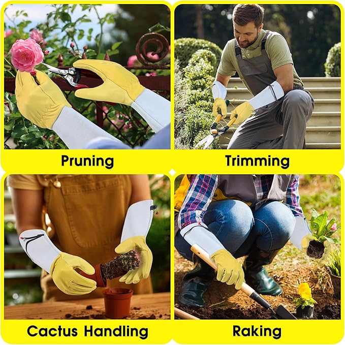 HANDLANDY Rose Gloves for Men & Women, Long Leather Gardening Gloves Thorn Proof, Best Garden Gifts & Tools for Gardener (Yellow-beige, Medium (Pack of 1))