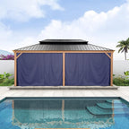 PURPLE LEAF 12' X 20' Outdoor Hardtop Gazebo for Patio Galvanized Steel Double Roof Permanent Canopy Teak Finish Coated Aluminum Frame Pavilion Gazebo with Netting and Navy Blue Curtains