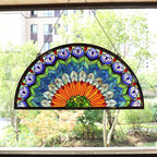 Bieye W10034 Peacock Feather Tiffany Style Stained Glass Window Panel Hangings with Chain, 36 inches Wide Half Round Shape