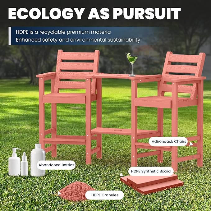 Tall Adirondack Chairs Set of 2, All Weather HDPE Poly Bar Height Balcony Adirondack Chair with Removable Double Connecting Trays, Outdoor Adirondack Barstools for Deck, Patio, Yard, Pool, Lawn