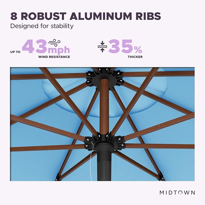 Midtown Umbrellas The Wooden 8 Feet Patio Umbrella With Sunbrella Capri Acrylic Fabric - Aluminum Frame Market Umbrella For Backyard, Deck, Garden, Pool - Wooden Pole