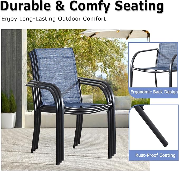 Patio Chairs Set of 6, Outdoor Dining Chairs with Breathable Textilene Fabric, Stackable Patio Chairs for Lawn, Garden, Backyard, Poolside, Blue