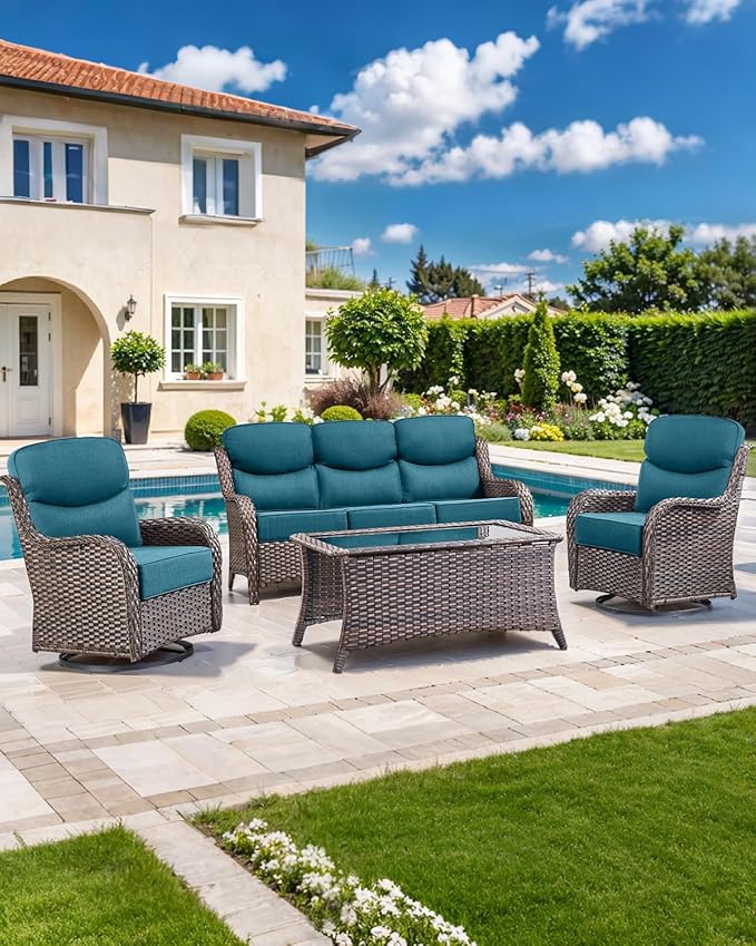 Luxury 22x24/22x25 6-Inch Smile Outdoor Cushions - 1 Set Deep Seat Water-Resistant Patio Furniture Replacement Cushion for Wicker Wood Metal Chair Glider Rocker Loveseat Sofa - Peacock Blue