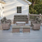 Rilyson Wicker Outdoor Patio Furniture Set - 8 Piece Patio Conversation Sets with Swivel Rocker Chairs, Ottomans, Sofa and Table, 6 inch Cushions, Deep Seating, for Porch Deck Brown/Grey