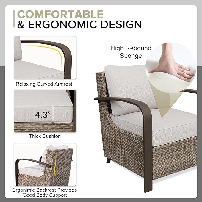 COOS BAY Aurora Terrace Outdoor Chairs with Cushions, Wicker Dining Set with Deep 4-Inch Seating, Modern Curved Armrest Porch Chairs, Set of 2, Beige/Beige