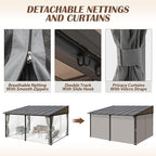 12x14FT Outdoor Wall-Mounted Hardtop Gazebo, Aluminum Frame Lean to Gazebo with Polycarbonate Roof and Curtains for Patio, Garden, Deck
