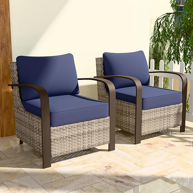 COOS BAY Aurora Terrace Outdoor Chairs with Cushions, Wicker Dining Set with Deep 4-Inch Seating, Modern Curved Armrest Porch Chairs, Set of 2, Beige/Blue