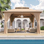 Outdoor Gazebo Metal Frame Patio Pergola Double Roofs Patio Canopy with Double-Layer Door and Mosquito Netting for Deck, Backyard, Lawn (Beige, 10x12FT)