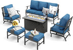 Patio Furniture Set, 6 Pcs Metal Outdoor Conversation Set, 2 Rocker Chairs, 2 Ottomans and 3 Seater Sofa with 5.75" Extra Thick Cushion and Gas Fire Pit Table, Gemstone Blue