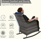 3 Piece Outdoor Rocking Chair Bistro Set, Wicker Patio Furniture Set Includes 2 Chiars and 1 Side Table, for Yard, Porch, Mixed Brown Grey Rattan, Blue