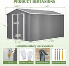 8x12 FT Shed Outdoor Storage Metal Large Garden Tool Sheds with Lockable Doors Floor Frame Gable Roof Waterproof Steel Utility Equipment Sheds for Backyard Patio Lawn Poolside, Grey