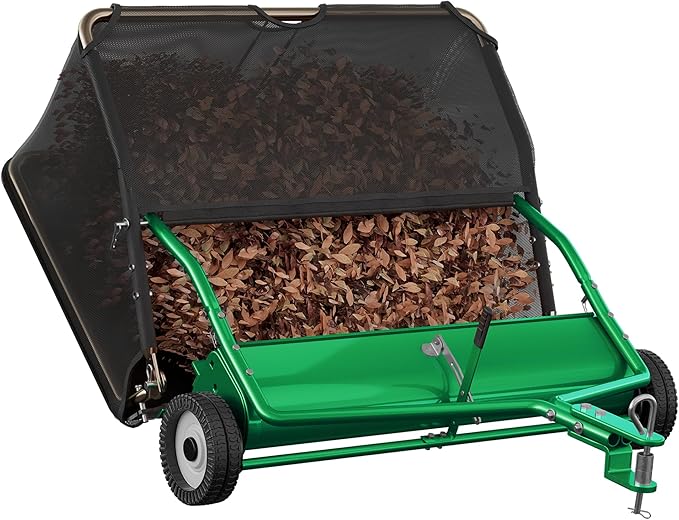 48" Lawn Sweeper Tow Behind - Pull Behind Grass Catcher with 25.16 cu. ft Large Hopper, Heavy Duty Leaf & Grass Collector, Adjustable Brush Height Lever and Dumping Rope, Lawn and Yard Cleanup Tool