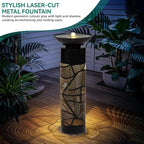 31.5" H Metal Cutout Geometric Patterns Outdoor Water Fountain with LED Lights, 2-Tier Modern Pedestal Waterfall Fountains, Ideal for Garden, Yard, Patio Décor