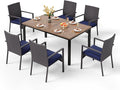 PHI VILLA 7 Pieces Outdoor Dining Set for 6, 65” Wood-Like Metal Rectangle Dining Table & Rattan Wicker Chairs with Cushions, Large Dining Furniture Set for Patio, Deck, Porch, Yard