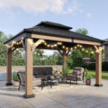 Aoxun 10' x 12' Outdoor Wood Gazebo, Hardtop Gazebo Permanent Wooden Pavilion with Galvanized Steel Double Roof, and LED Outdoor Waterproof Hanging Lights, for Patio, Garden, Deck, Cedar Wood