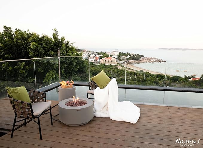AMS Fireplace | Modeno Waterford Package | Light Gray Natural Gas Fire Pit Table for Outside Patio Bundle with Wind Guard, SS Burner Lid | Free Ice Bucket & Rubber Mat