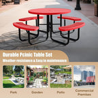 8-Person Picnic Tables for Outdoors, Industrial 46" Expanded Metal Round Picnic Table with 4 Benches & Umbrella Hole, Outside Table and Bench Set for Park, Garden, Backyard, Patio, Red