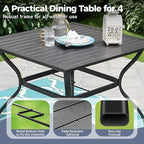 5 Piece Patio Dining Set for 4, 37”Square Table with Umbrella Hole, 4 x Metal Red Chairs, Outdoor Table and Chairs for Lawn and Deck
