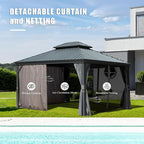 Domi 12'x16' Hardtop Gazebo Canopy,Outdoor Aluminum Gazebo with Galvanized Steel Double Roof,Permanent Gazebo with Drainage System,Curtain and Netting Included,Grey