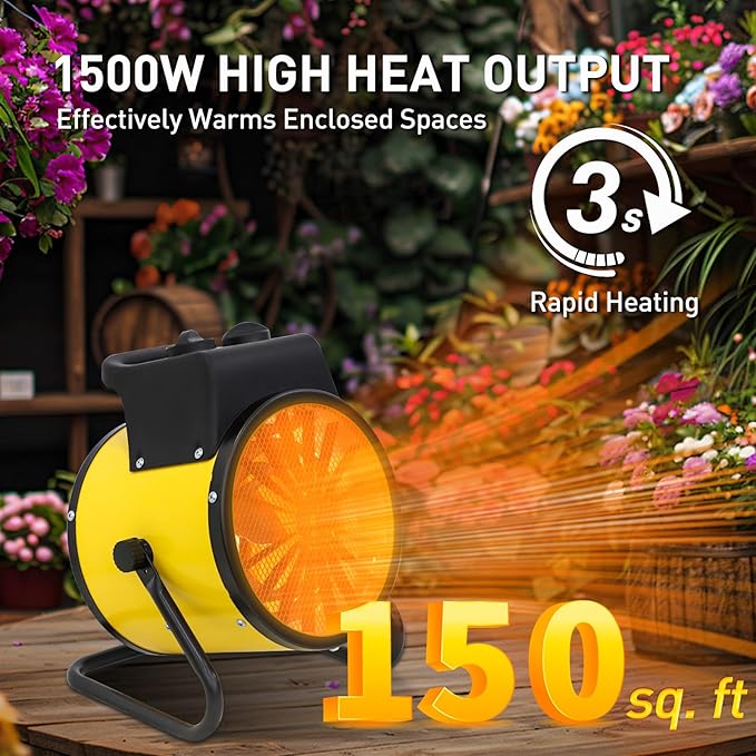 Portable Greenhouse Heater, Overheat Protection, 1500W Radiant Electric Heater for Indoor and Outdoor Use, Garage, Grow Tent, RV, IPX4 Water Resistant, 1 Piece, Yellow