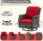 Swivel Patio Chair Outdoors - 360 Degree, Glider Chair with 3.5" Olefin Fabric Cushions (Mixed Grey Rattan/Red)