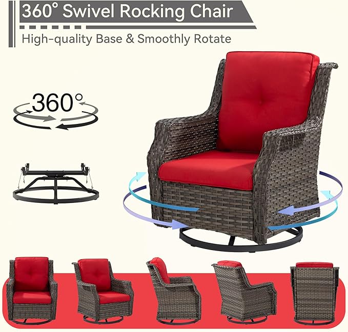 Swivel Patio Chair Outdoors - 360 Degree, Glider Chair with 3.5" Olefin Fabric Cushions (Mixed Grey Rattan/Red)