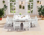 SERWALL Patio Dining Sets for 8, Outdoor Dining Sets for 8 Person with 2 Umbrella Hole Cut-Out Rectangular Tables and 8 Chairs, HDPE Dining Sets for Garden, Backyard, Poolside, White