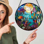 Stained Glass Window Hanging - Blue Ocean World Small Fish Coral Sun Catcher for Door Garden Home Decor Sea Suncatcher Christmas Mother's Day Birthday Gifts for Women Men Mom Nana 7.8 in