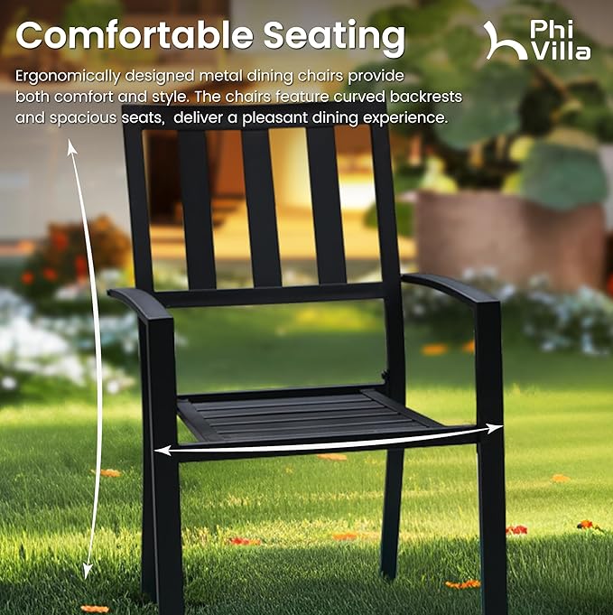 PHI VILLA 7 Pieces Outdoor Round Dining Set for 6, Wrought Iron Dining Table with Umbrella Hole & Stackable Metal Steel Chairs, Large Dining Furniture Set for Patio, Deck, Yard, Porch