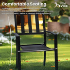 PHI VILLA 7 Piece Outdoor Dining Set for 6, 60” Rectangular Metal Steel Table with Umbrella Hole & Stacking Wrought Iron Chairs, Large Furniture Set for Patio, Deck, Yard - Black