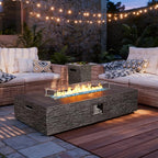 UPHA 56-inch Outdoor Propane Gas Fire Pit Table 50000 BTU Concrete Rectangle FirePit for Outside Patio with Propane Tank Cover, Wind Guad, Blue Glass Rocks, Rain Cover, Grey Horizontal Stripe
