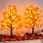 2 Pack 24 Inch Artificial Lighted Fall Maple Tree Thanksgiving Decorations with 48 LEDs Battery Operated Timer Prelit Acorn Maple Tree Lights for Thanksgiving Table Decor Home Indoor Autumn Harvest