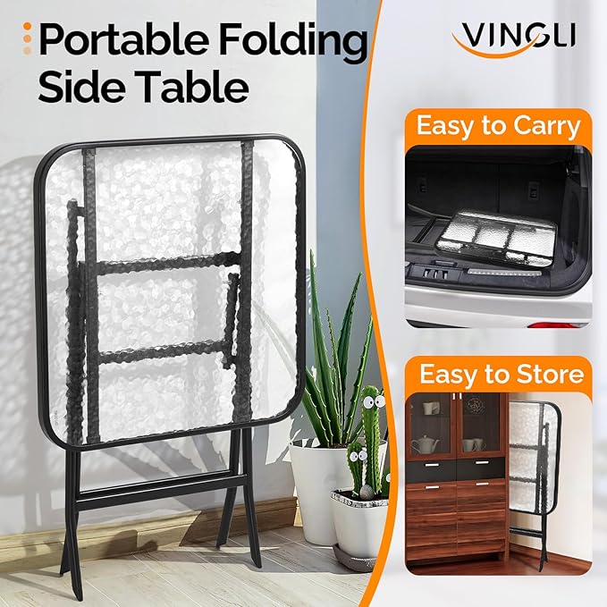 VINGLI Folding Glass Outdoor Side Table, 23.6 Inches Small Foldable Patio Bistro Table with Tempered Glass Table Top for Lawn & Garden, Balcony, Porch and Pool, Rectangular