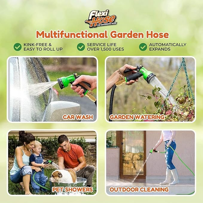 Flexi Hose with 8 Function Nozzle, 75FT - Lightweight Expandable Garden Hose, No-Kink Flexibility, 3/4 Inch Solid Brass Fittings and Double Latex Core