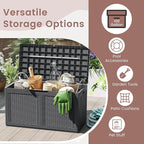 HAPPYGRILL 100 Gallon Resin Deck Box Outdoor Waterproof Storage with Lockable Lid, Rattan Texture Storage Container with Wheels for Pool Accessories, Garden Tool, Patio Furniture Cushion (Grey)
