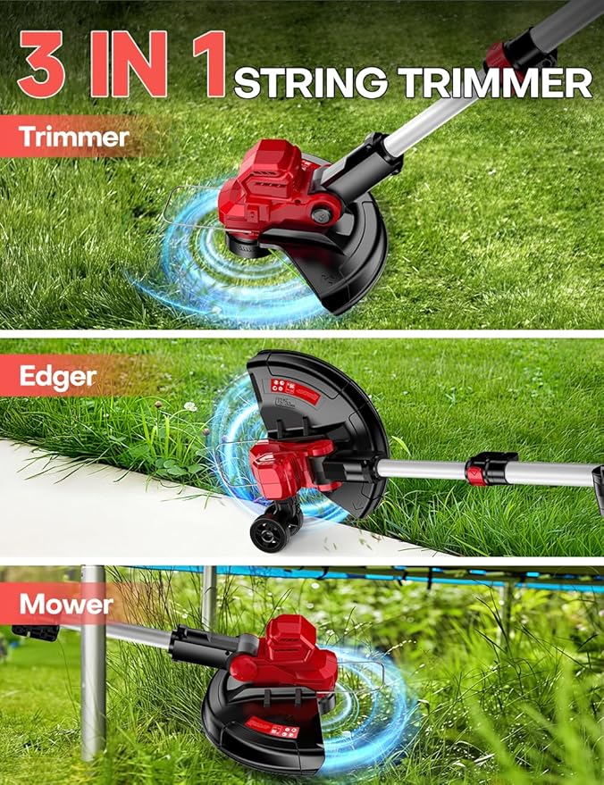 Cordless Weed Wacker, for Milwaukee M18 Battery,3 in 1 Battery Powered Weed Eater & Edger & Mower with Auto Line Feed, 20000 RPM 12 Inch Brushless Grass Trimmer, 6 Line Spools String Trimmer for Lawn