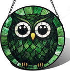 Stained Glass Window Hanging - Green Owl Suncatcher for Doors Garden Patio Funny Bird Sun Catchers Decor Christmas Mother's Day Birthday Teenager Gifts for Women Men Mom Nana Friend 11.8 in
