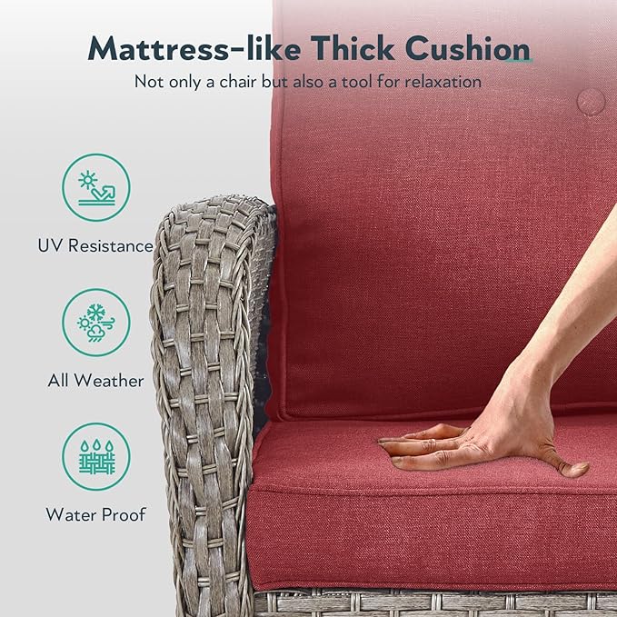 5 Piece Patio Furniture Set - Wicker Patio Conversation Set with Swivel Glider, Glider Loveseat, Tempered Glass Side Table and Coffee Table for Deck Backyard - Grey Wicker Red Cushion