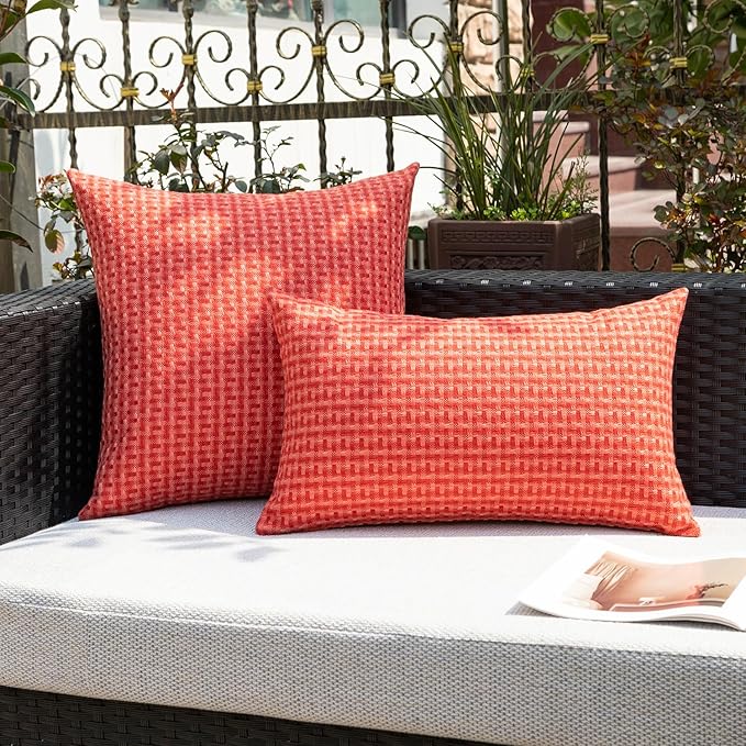 Kevin Textile Outdoor Waterproof Throw Pillow Covers Pack of 2 Weaving Texture Water Resistant Outside Decorative Cushion Covers for Garden Patio Tent Balcony Bench Couch Sofa 16x16 Inch, Red