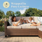 Patio Furniture Set, 7 Pcs Wicker Rattan Rattan Outdoor Conversation Set, 4 x Single Chairs, 1 x 3 Seater Sofa and 2 x Ottoman with 4" Thick Cushion for Garden Backyard Deck, Beige