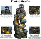 34.3''H Outdoor Water Fountain Owl Tree Stump, 4 - Tier Cascading Waterfall Garden Fountains with LED Lights & Pump Water Feature Resin for Patio, Deck, Yard, Home Decor
