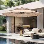PHI VILLA 10ft Patio Umbrella with Solar Lights, Outdoor 3 Tier Vented Large Market Table Umbrella with 8 Sturdy Ribs and 1.5" Umbrellla Pole for Lawn Poolside Garden Terrace, Beige